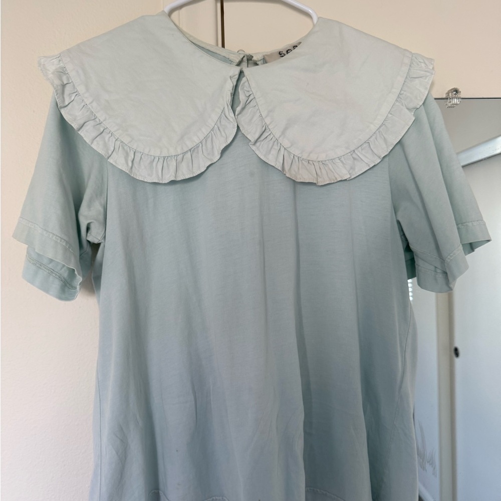 Sea New York Pale Blue Short Sleeve Top with Ruffled Peter Pan Collar